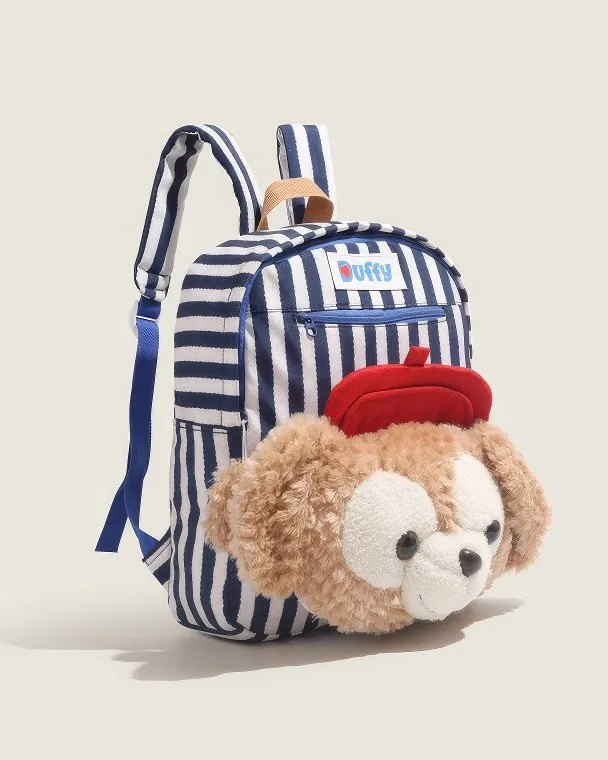 Cute Striped Duffy Plush Face Pocket Schoolbag with Red Beret