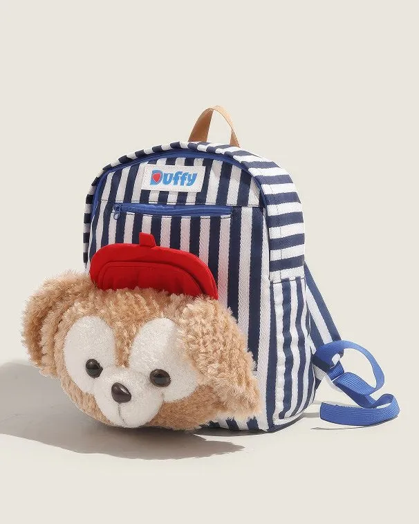 Cute Striped Duffy Plush Face Pocket Schoolbag with Red Beret
