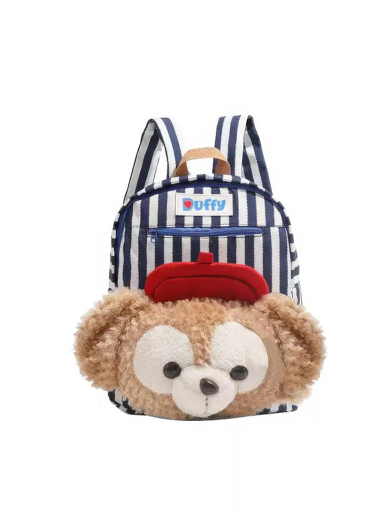 Cute Striped Duffy Plush Face Pocket Schoolbag with Red Beret