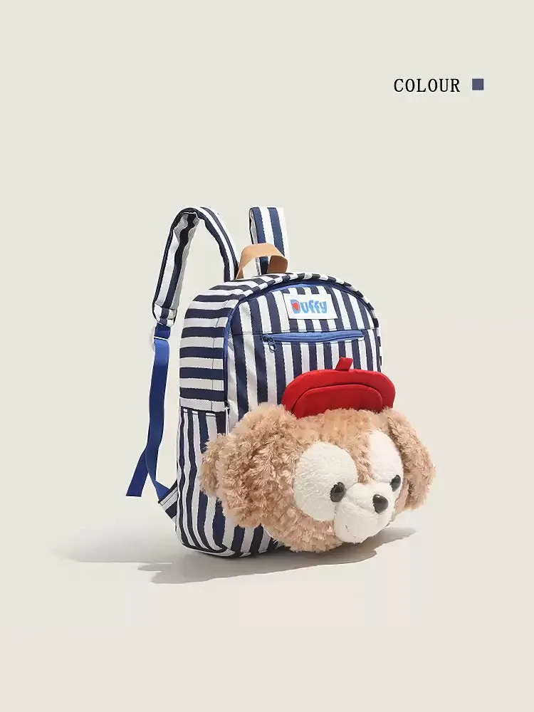 Cute Striped Duffy Plush Face Pocket Schoolbag with Red Beret