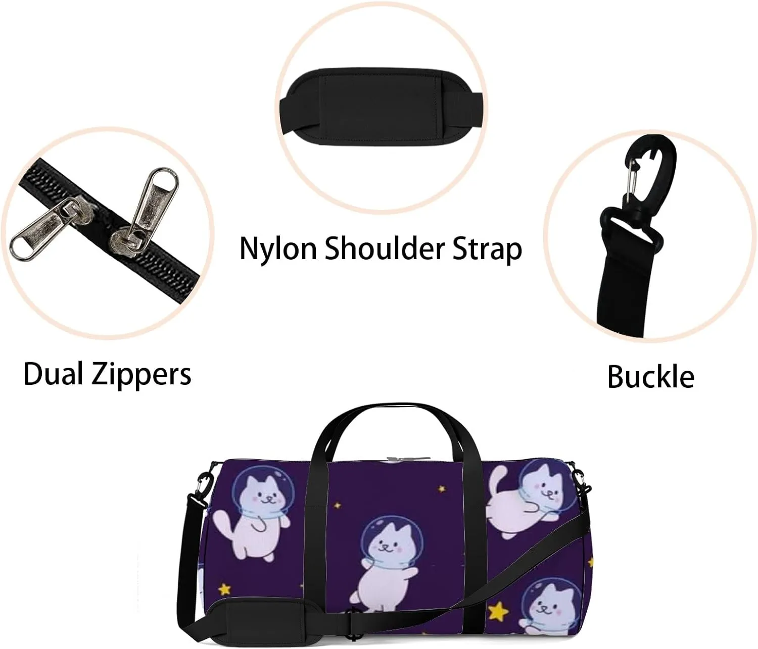 Cute White Cartoon Cats Astronauts Stars Sports Bag Tote Bag Waterproof Gym Bag with Shoulder Strap Zipper 2 Side Pockets for Men and Women, Travel and Storage Shoulder Bag.