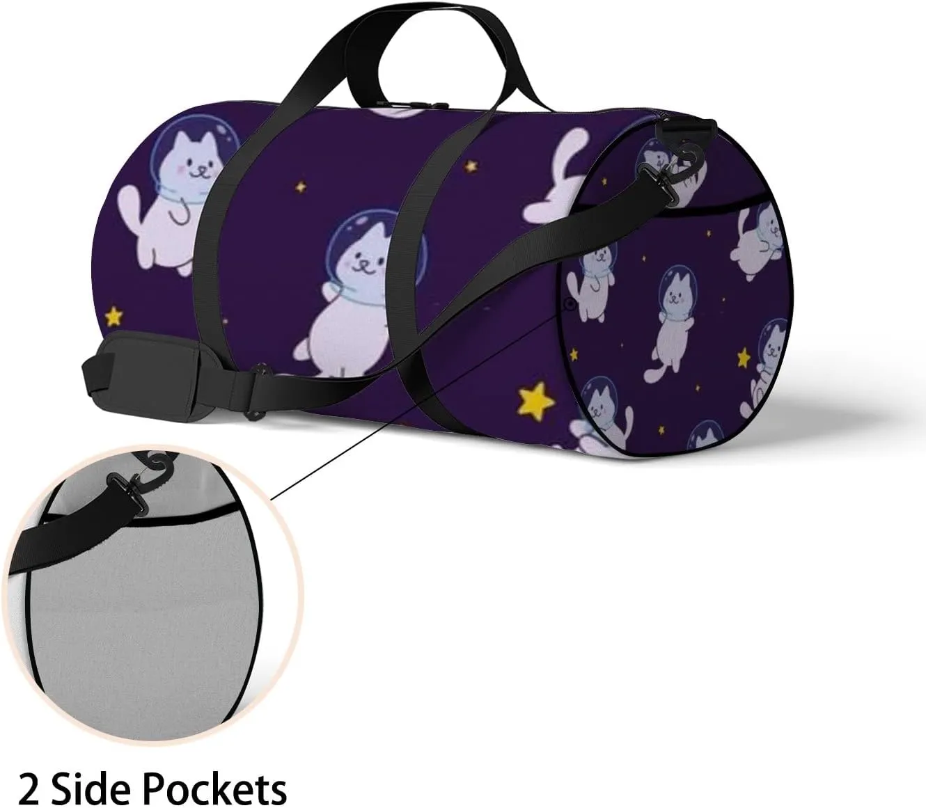 Cute White Cartoon Cats Astronauts Stars Sports Bag Tote Bag Waterproof Gym Bag with Shoulder Strap Zipper 2 Side Pockets for Men and Women, Travel and Storage Shoulder Bag.