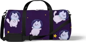 Cute White Cartoon Cats Astronauts Stars Sports Bag Tote Bag Waterproof Gym Bag with Shoulder Strap Zipper 2 Side Pockets for Men and Women, Travel and Storage Shoulder Bag.