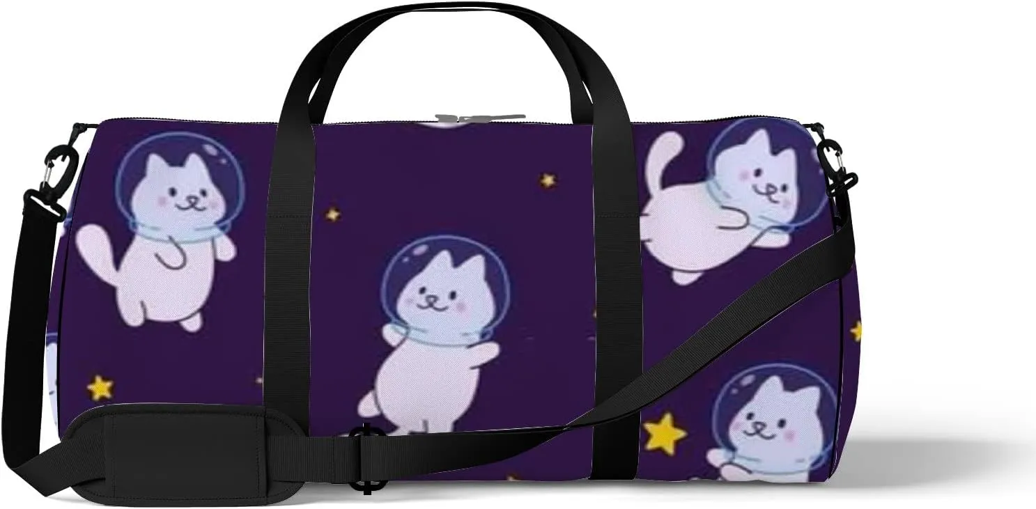 Cute White Cartoon Cats Astronauts Stars Sports Bag Tote Bag Waterproof Gym Bag with Shoulder Strap Zipper 2 Side Pockets for Men and Women, Travel and Storage Shoulder Bag.