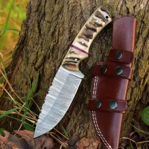 Damascus Steel Fixed Blade Hunting Knife - 9.25 Inches Handmade Full Tang Survival Knife With Leather Sheath - R-310