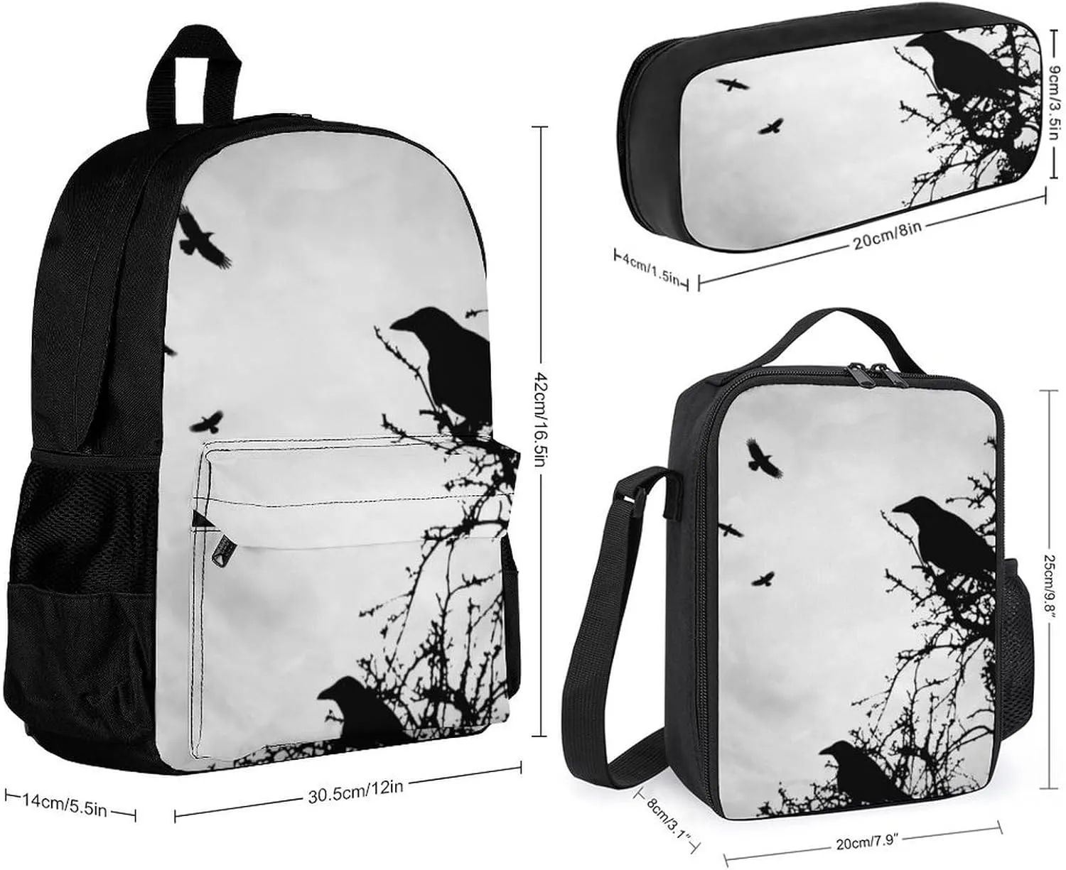 Design Crow Silhouette Lightweight Pocket Backpack Crossbody Lunch Bag Set Unisex