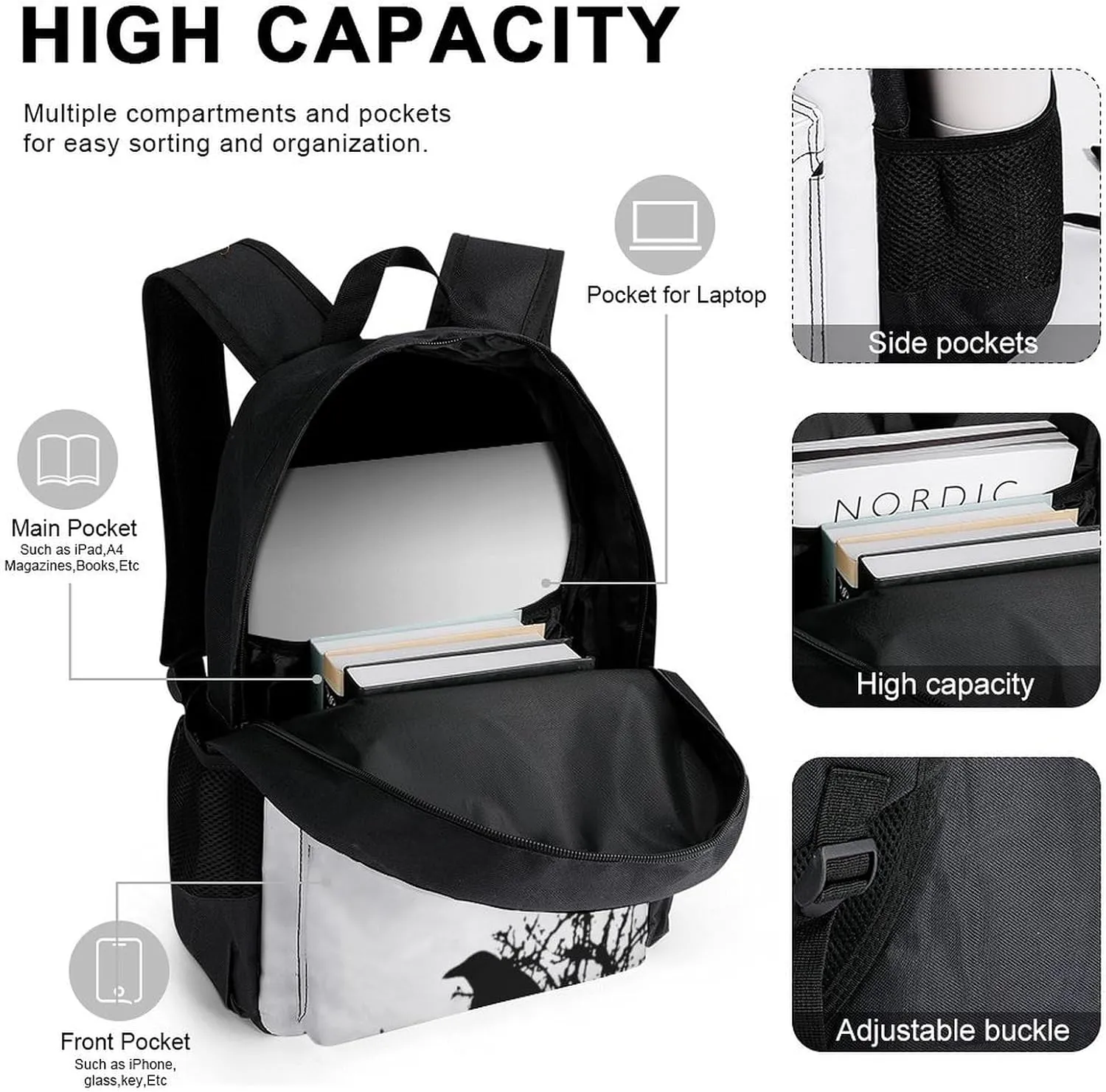 Design Crow Silhouette Lightweight Pocket Backpack Crossbody Lunch Bag Set Unisex