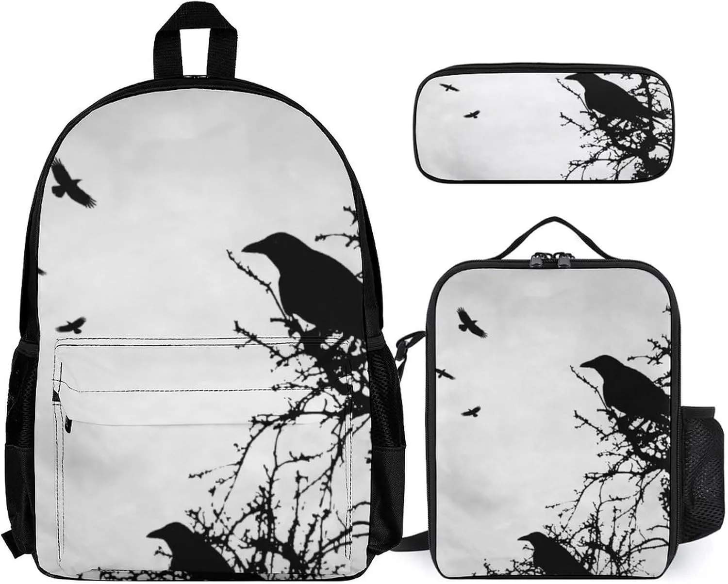 Design Crow Silhouette Lightweight Pocket Backpack Crossbody Lunch Bag Set Unisex