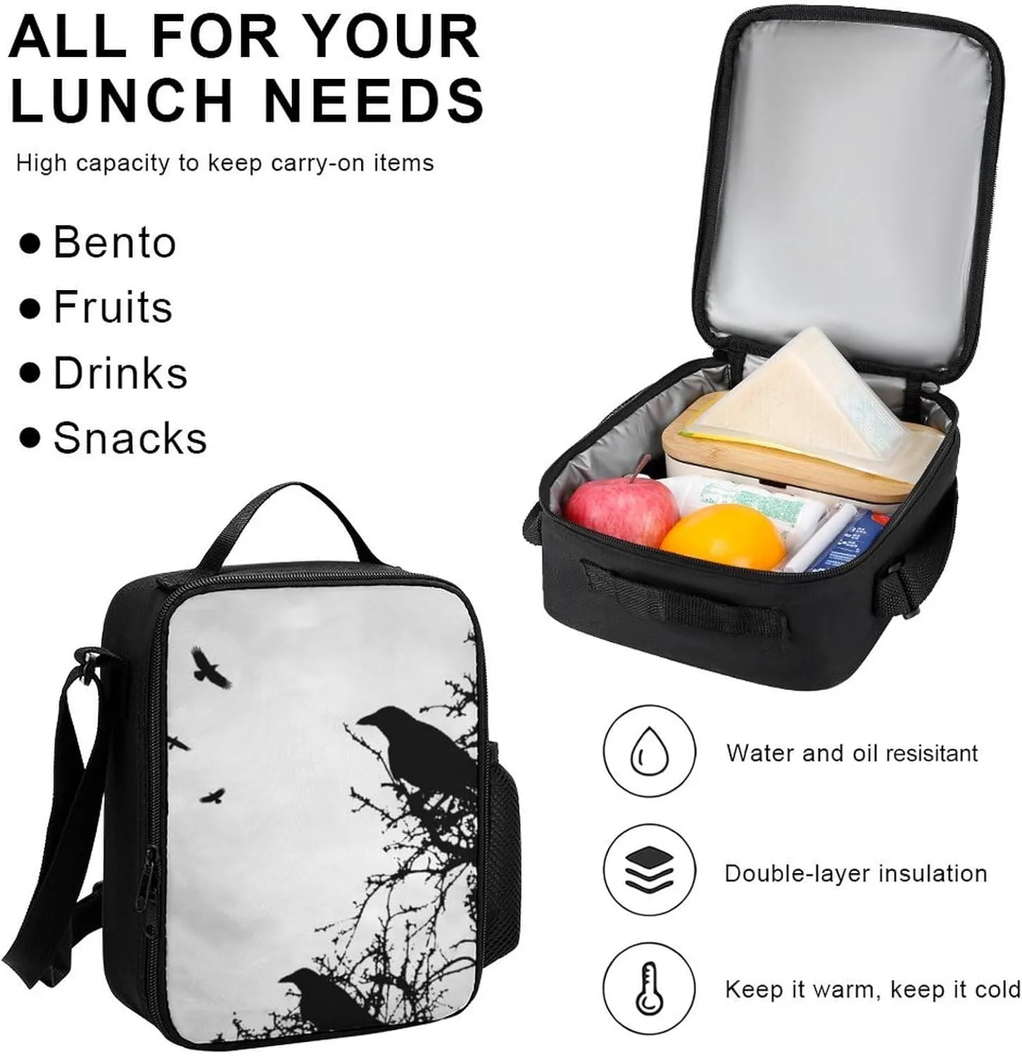 Design Crow Silhouette Lightweight Pocket Backpack Crossbody Lunch Bag Set Unisex