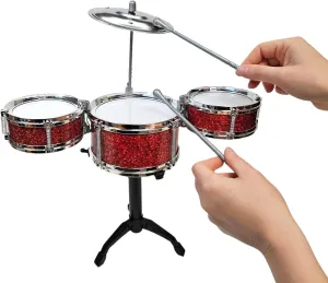 Desktop Drum Set Fun Music Kit For Making Cool Beats and Songs. Includes Three Drums, One Cymbal and Two Drumsticks.