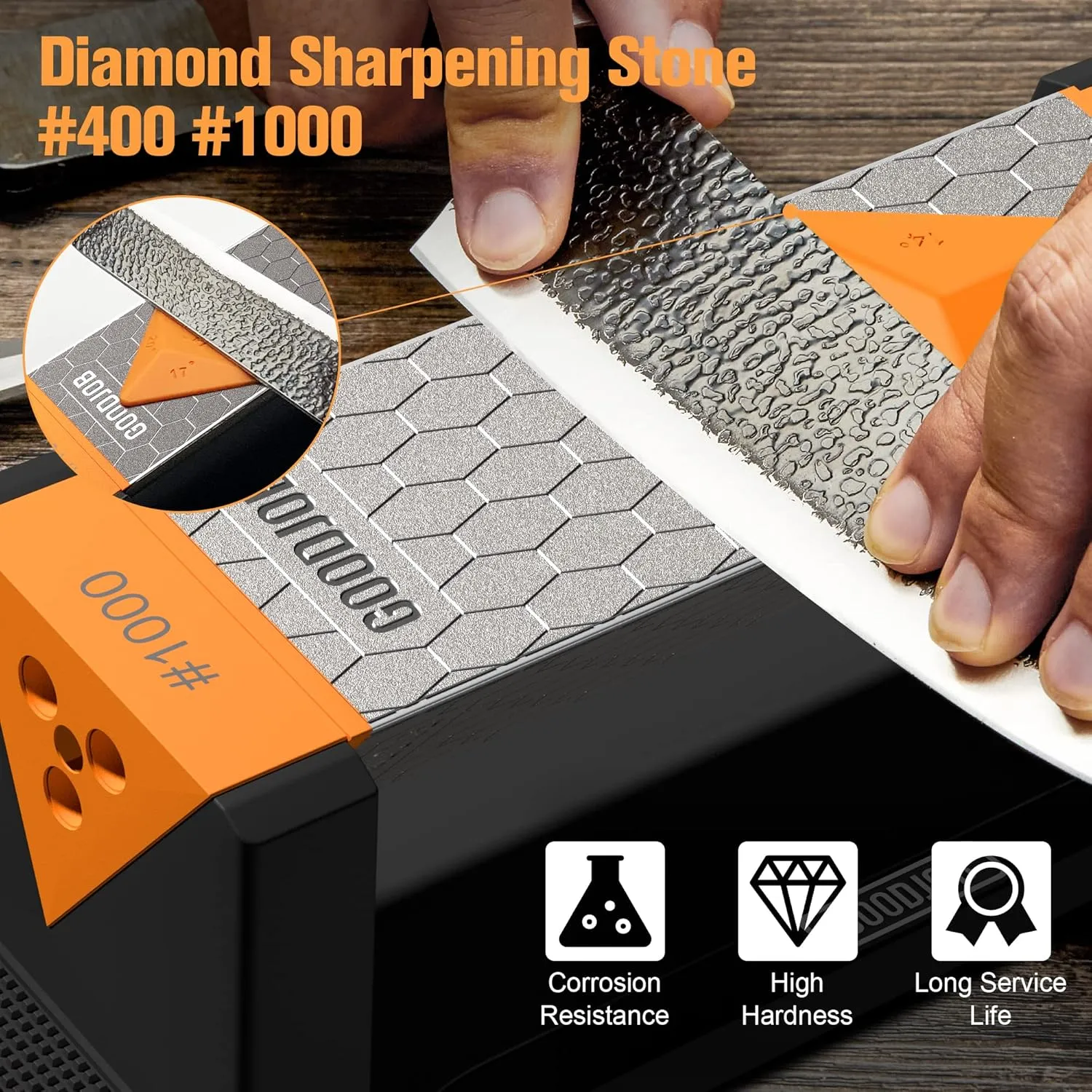 Diamond Sharpening Stone 3 Side Grit 400/1000/8000 Premium Industrial Diamond & Ceramic Whetstone Knife Sharpener Suitable for Steel of any Hardness with Angle Guide and Non-Slip Base