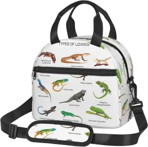 Different Types of Lizard Print Lunch Bag Tote Reusable Lunch Box Container with Shoulder Strap Work Picnic Adult