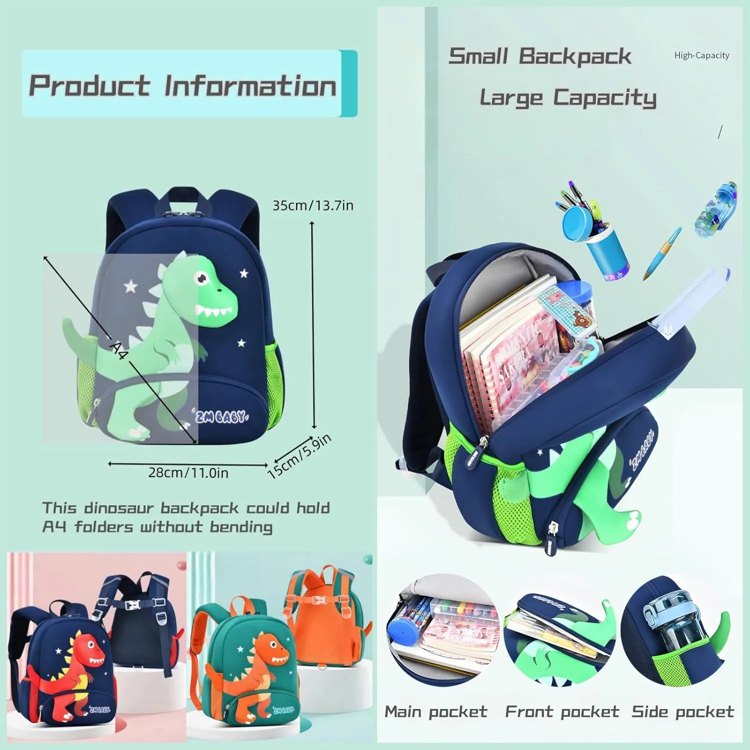 Dinosaur Anti-lost Backpack for Boys Kindergarten Preschool Bookbag with Chest Strap, Toddler Boys Backpack Daycare Bag, B-Green Orange