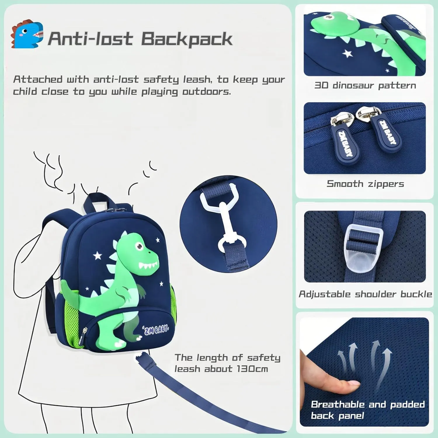 Dinosaur Anti-lost Backpack for Boys Kindergarten Preschool Bookbag with Chest Strap, Toddler Boys Backpack Daycare Bag, B-Green Orange