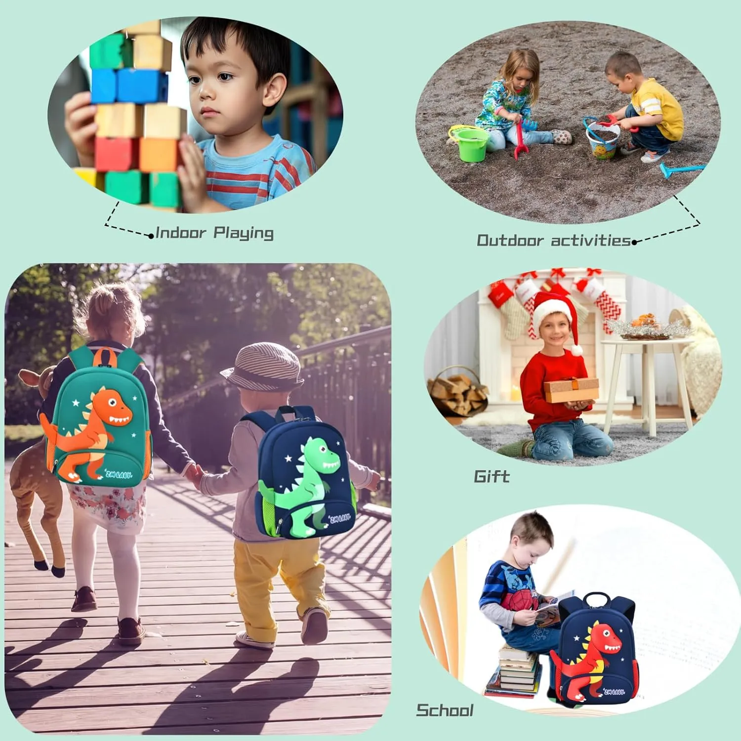 Dinosaur Anti-lost Backpack for Boys Kindergarten Preschool Bookbag with Chest Strap, Toddler Boys Backpack Daycare Bag, B-Green Orange