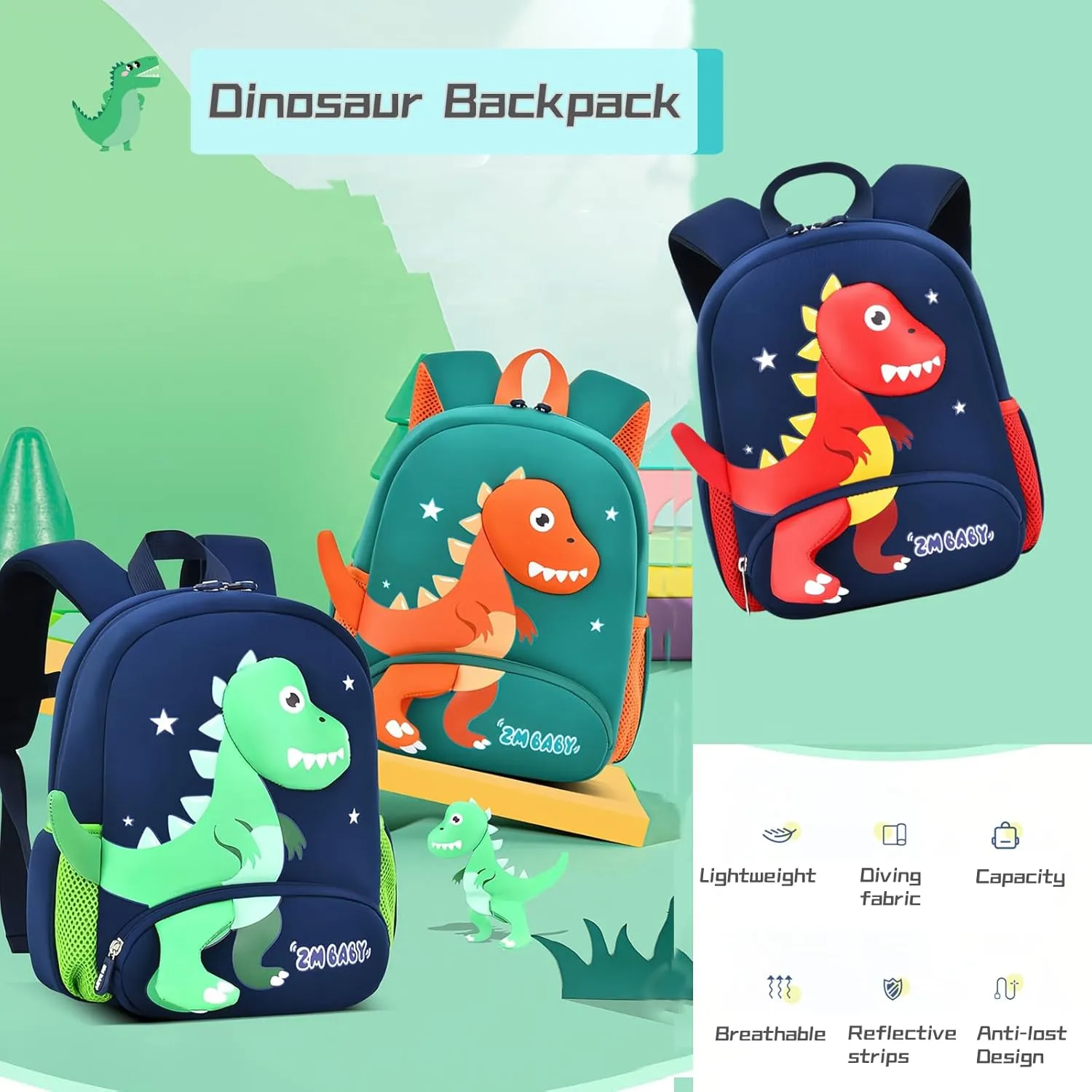 Dinosaur Anti-lost Backpack for Boys Kindergarten Preschool Bookbag with Chest Strap, Toddler Boys Backpack Daycare Bag, B-Green Orange