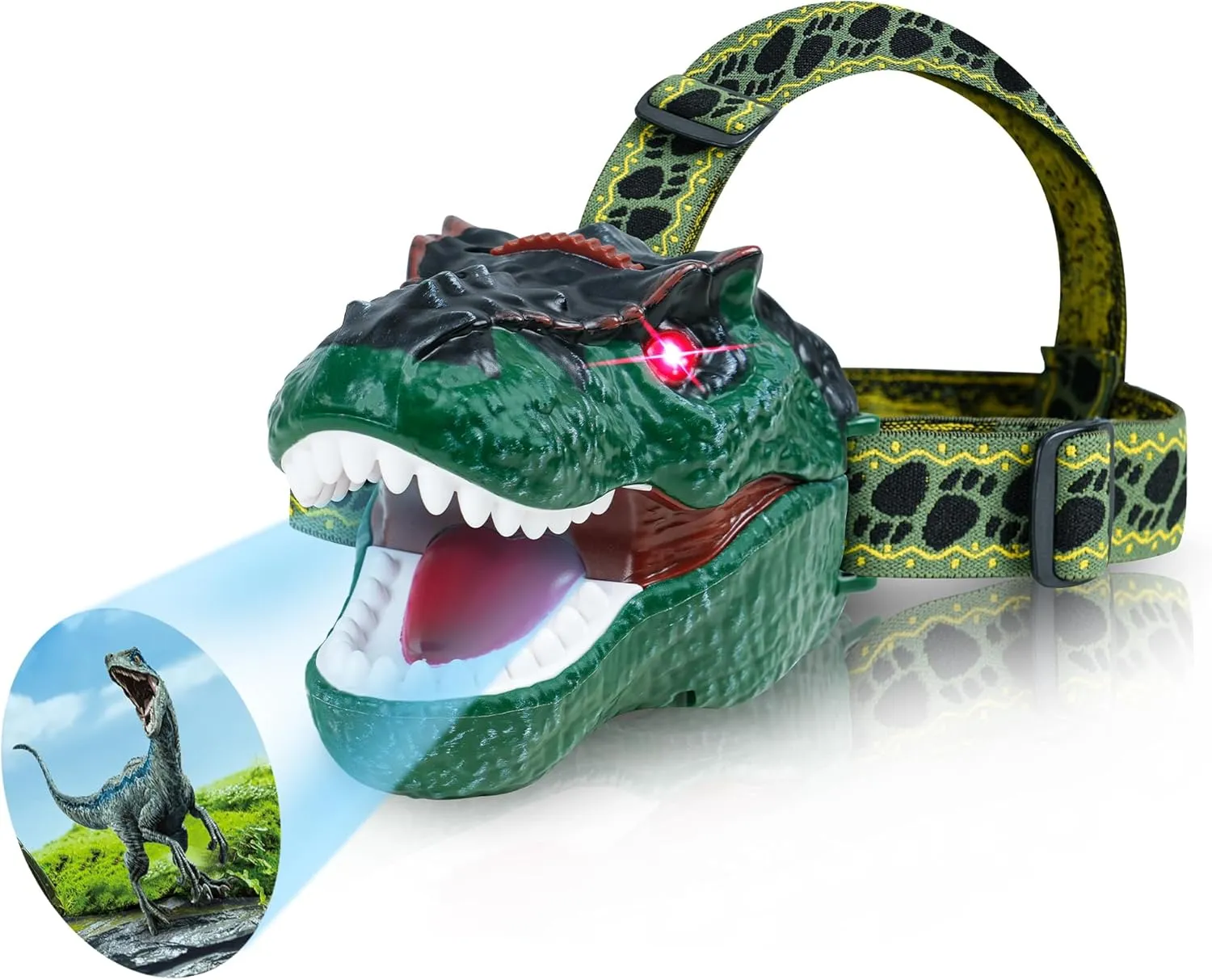 Dinosaur Headlamp for Kids T-Rex LED Flashlight with Roar Sound and Projection Adjustable Headband Fun Camping Gear Outdoor Adventure Toy Gift for Boys and Girls Ages 3-8