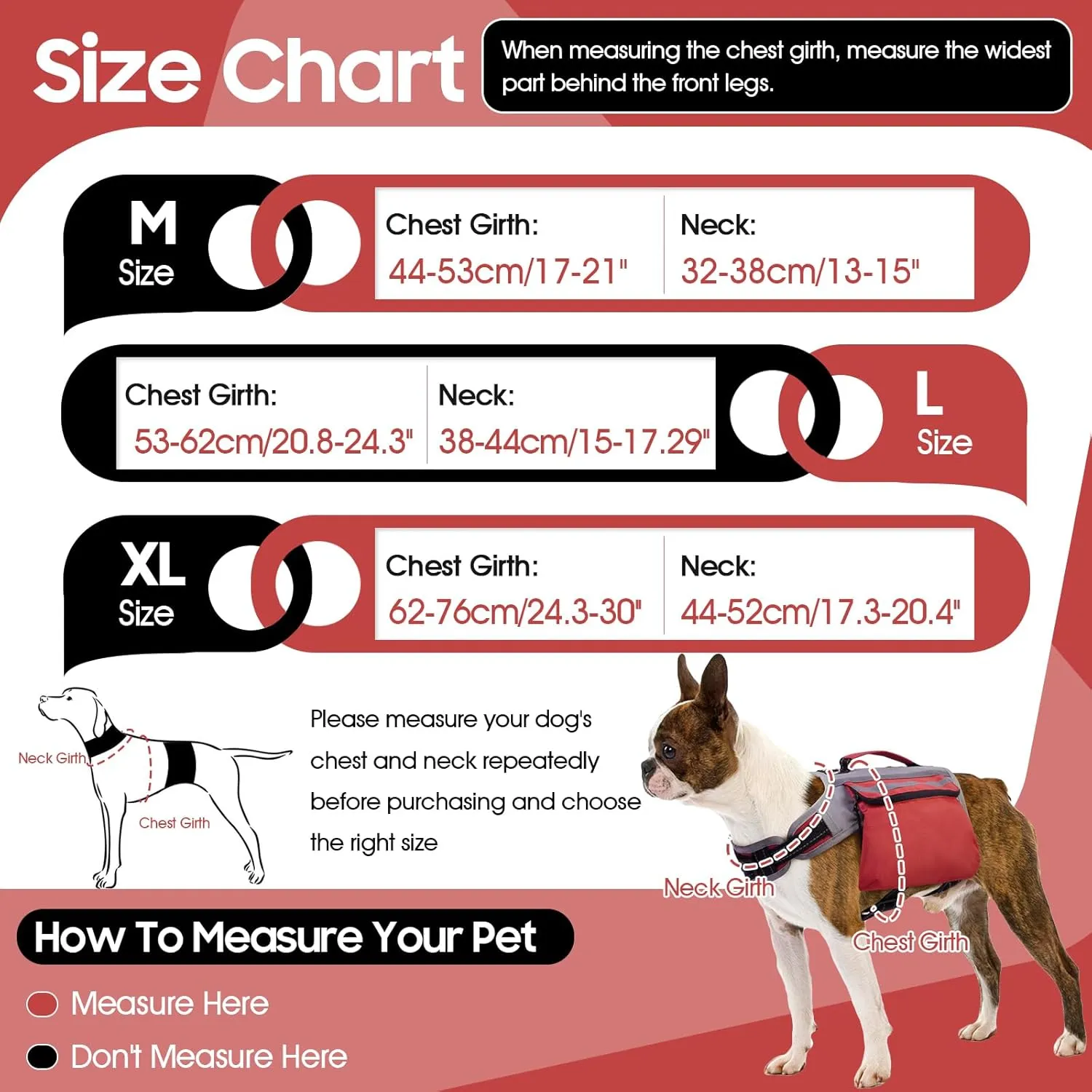 Dog Backpack Harness for Medium & Large Dogs, Tactical Dog Hiking Backpack, Nylon Dogs Backpack with Side Pockets for Walking Training Running, Boston Terrier (Red L)