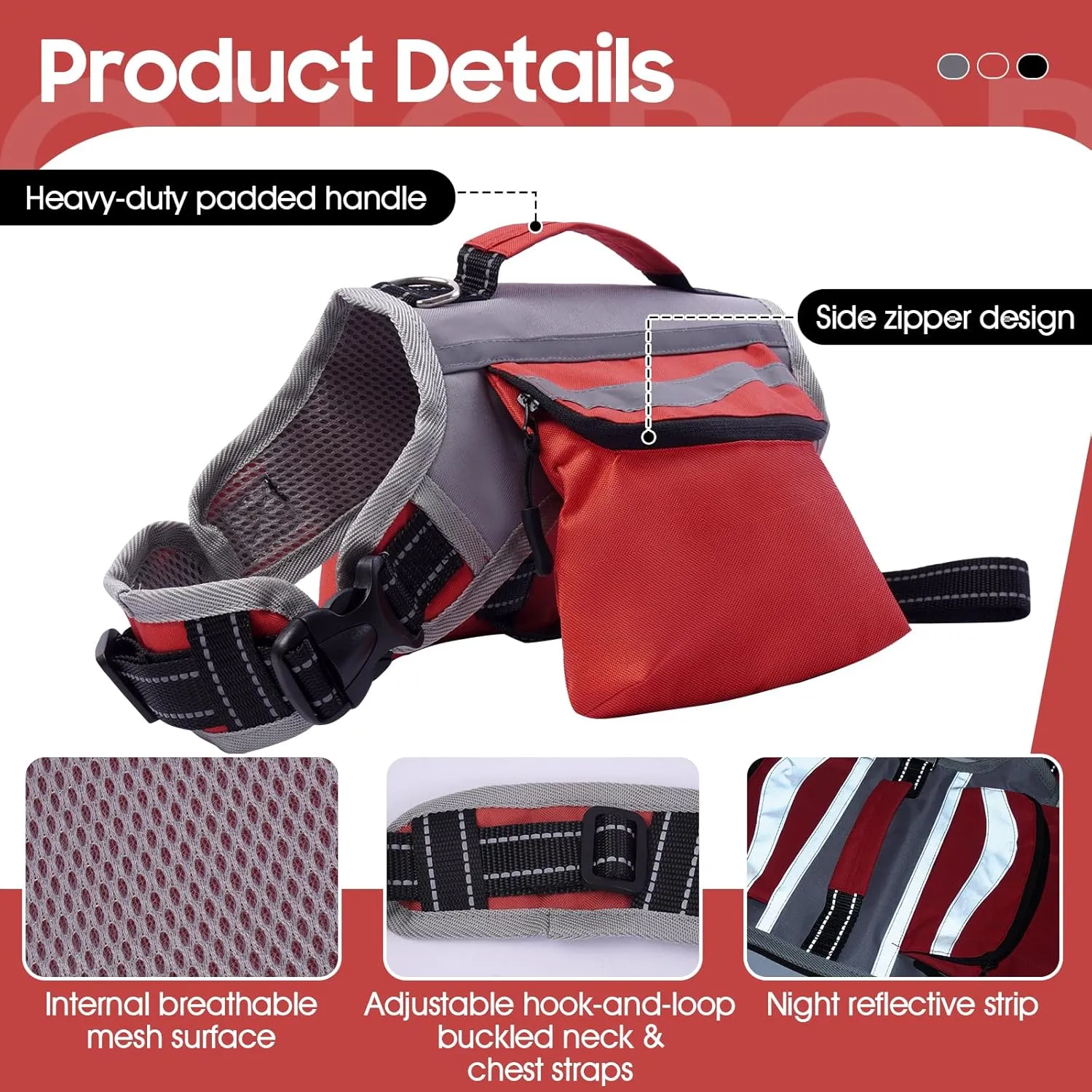 Dog Backpack Harness for Medium & Large Dogs, Tactical Dog Hiking Backpack, Nylon Dogs Backpack with Side Pockets for Walking Training Running, Boston Terrier (Red L)