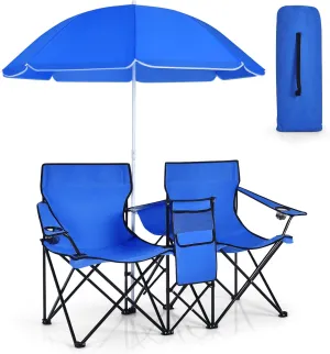 Double Camping Chair with Canopy, Folding Camp Chairs w/Cup Holder, Cooler & Carry Bag, Table, Side Pocket, 2 Person Portable Beach Chair with Umbrella, for Picnic Fishing (Blue)