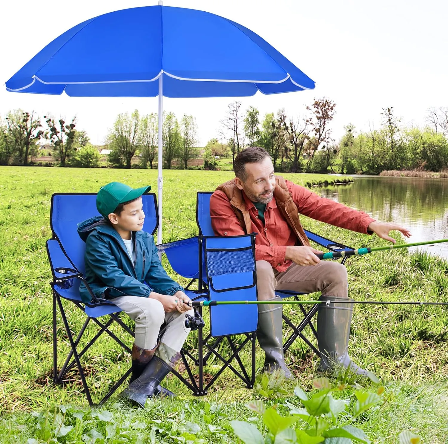 Double Camping Chair with Canopy, Folding Camp Chairs w/Cup Holder, Cooler & Carry Bag, Table, Side Pocket, 2 Person Portable Beach Chair with Umbrella, for Picnic Fishing (Blue)