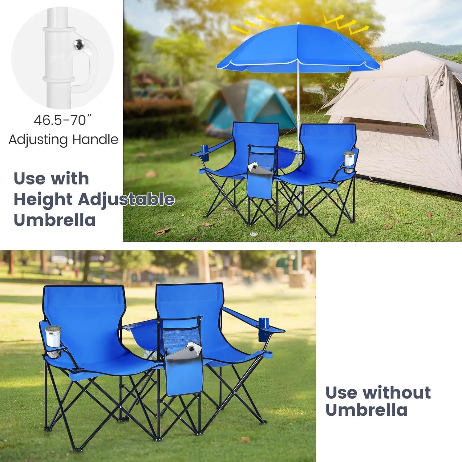 Double Camping Chair with Canopy, Folding Camp Chairs w/Cup Holder, Cooler & Carry Bag, Table, Side Pocket, 2 Person Portable Beach Chair with Umbrella, for Picnic Fishing (Blue)