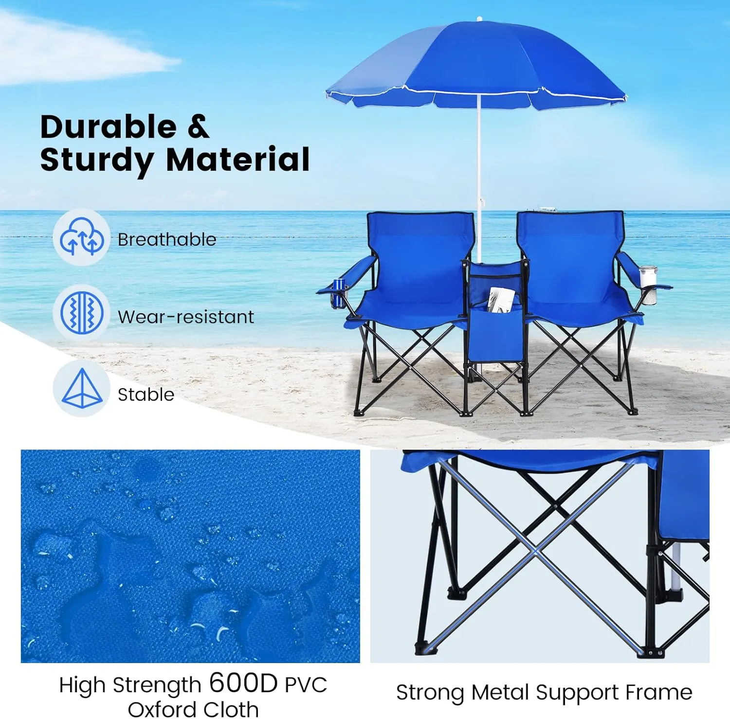 Double Camping Chair with Canopy, Folding Camp Chairs w/Cup Holder, Cooler & Carry Bag, Table, Side Pocket, 2 Person Portable Beach Chair with Umbrella, for Picnic Fishing (Blue)