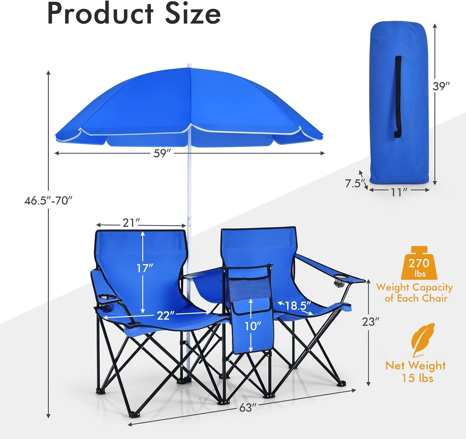 Double Camping Chair with Canopy, Folding Camp Chairs w/Cup Holder, Cooler & Carry Bag, Table, Side Pocket, 2 Person Portable Beach Chair with Umbrella, for Picnic Fishing (Blue)
