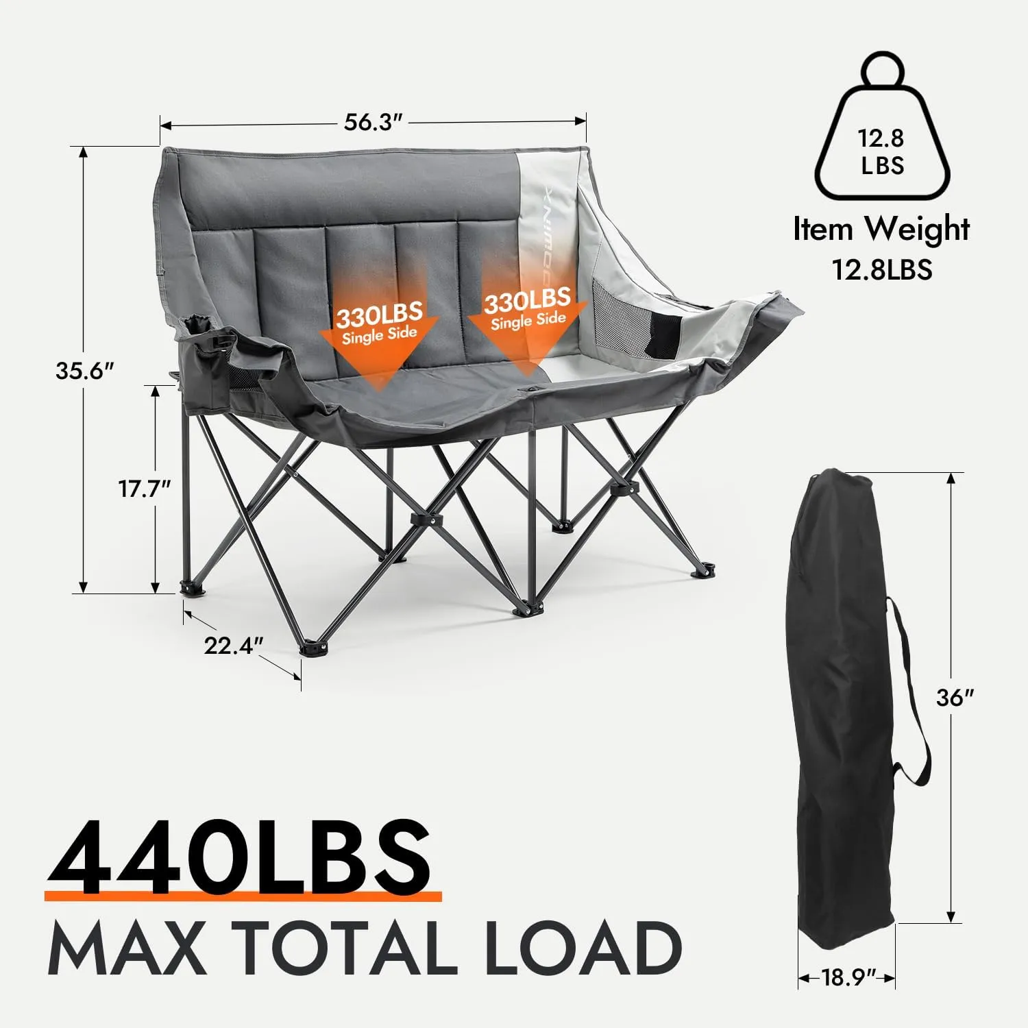 Dowinx Double Camping Chair Loveseat, Portable Folding Outdoor Lawn Chair with Padded Seats, Armrests, Side Pockets, 440lbs Capacity for Beach, Patio, Picnic - Gray PRO