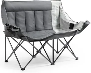 Dowinx Double Camping Chair Loveseat, Portable Folding Outdoor Lawn Chair with Padded Seats, Armrests, Side Pockets, 440lbs Capacity for Beach, Patio, Picnic - Gray PRO