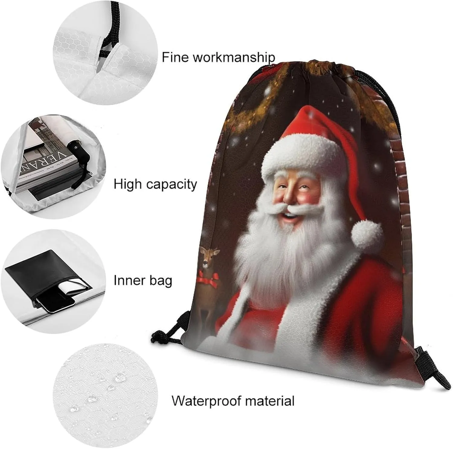 Drawstring Backpack Sport Gym Bag Water Resistant Sackpack Santa Christmas Zoom Cinch Bag String Bag for Outdoor, 35*42cm