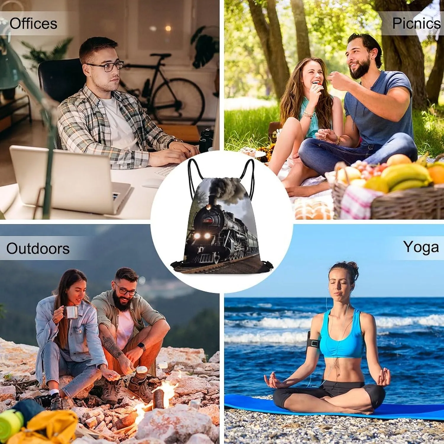 Drawstring Backpack Sport Gym Bag Water Resistant Sackpack Steam Train Cinch Bag String Bag for Outdoor, 35*42cm
