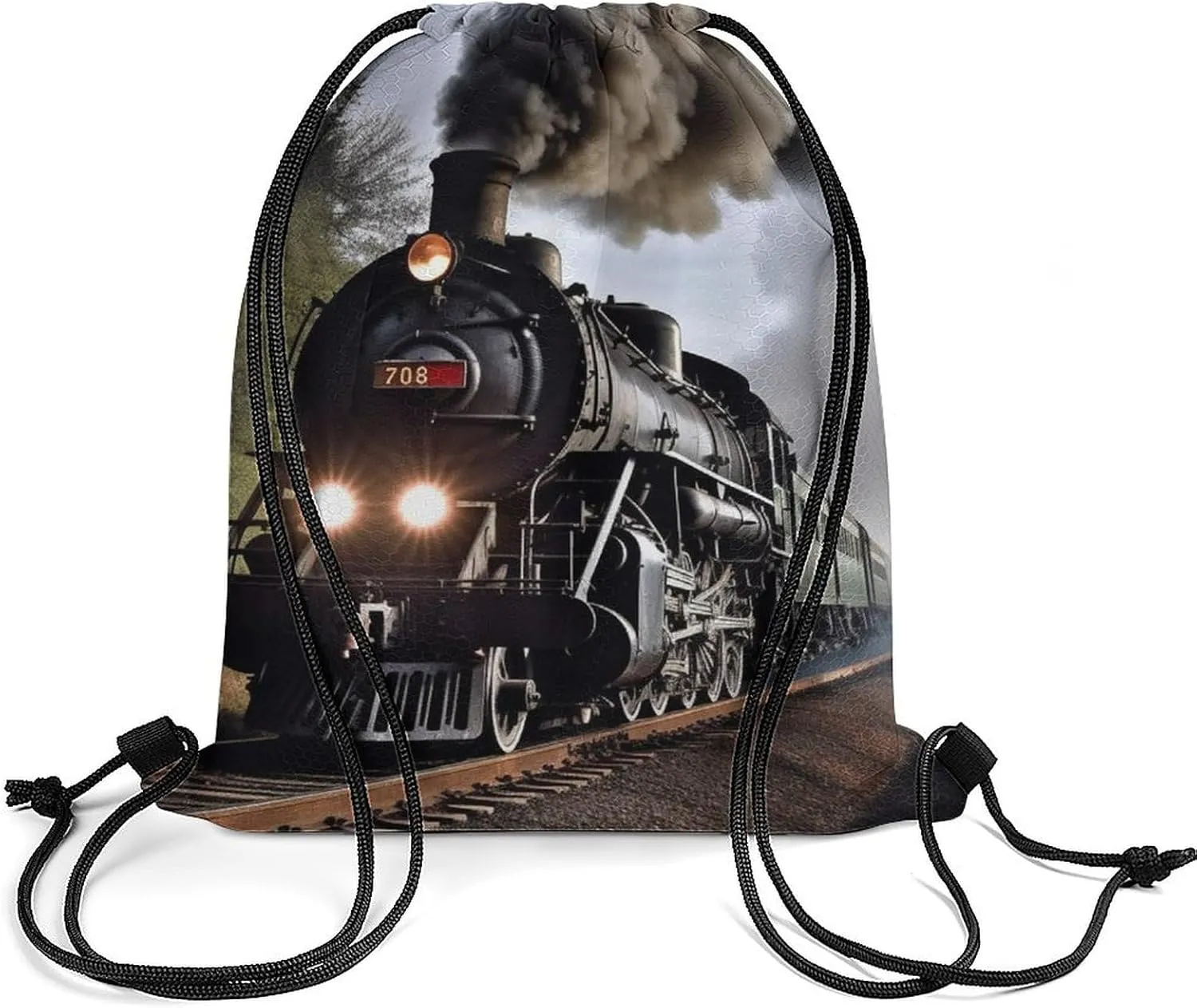 Drawstring Backpack Sport Gym Bag Water Resistant Sackpack Steam Train Cinch Bag String Bag for Outdoor, 35*42cm