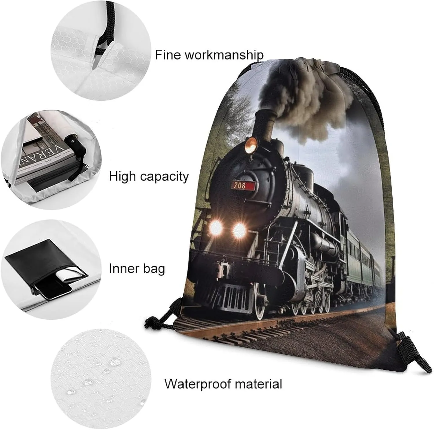 Drawstring Backpack Sport Gym Bag Water Resistant Sackpack Steam Train Cinch Bag String Bag for Outdoor, 35*42cm