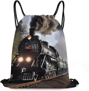 Drawstring Backpack Sport Gym Bag Water Resistant Sackpack Steam Train Cinch Bag String Bag for Outdoor, 35*42cm
