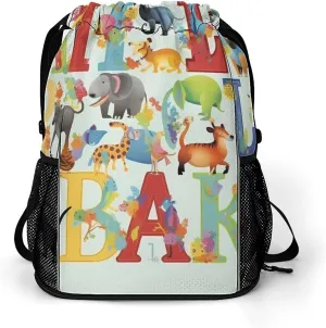 Drawstring Backpack Sports Gym Bag with Zipper Colourful Animal Alphabet Waterproof Sackpack Large String Bag for Yoga Beach