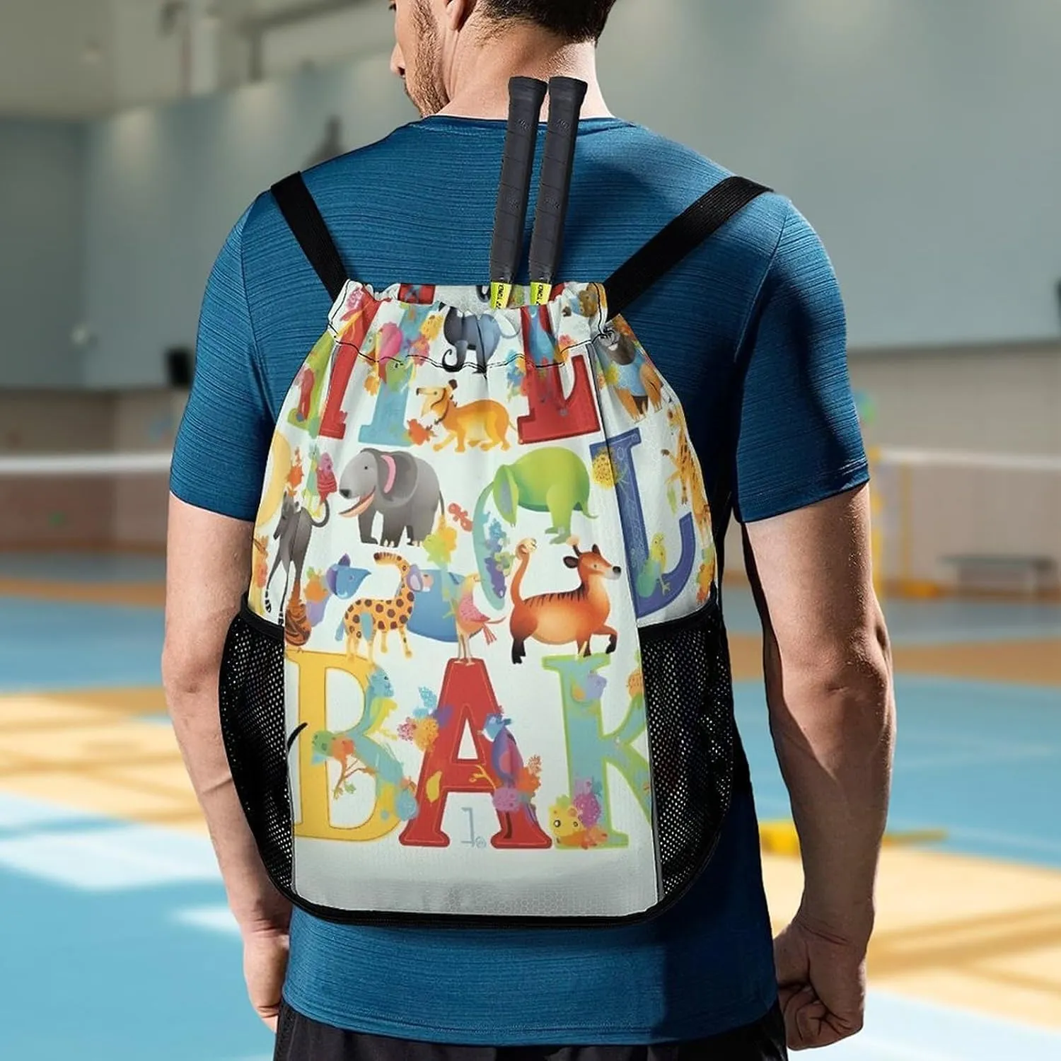 Drawstring Backpack Sports Gym Bag with Zipper Colourful Animal Alphabet Waterproof Sackpack Large String Bag for Yoga Beach
