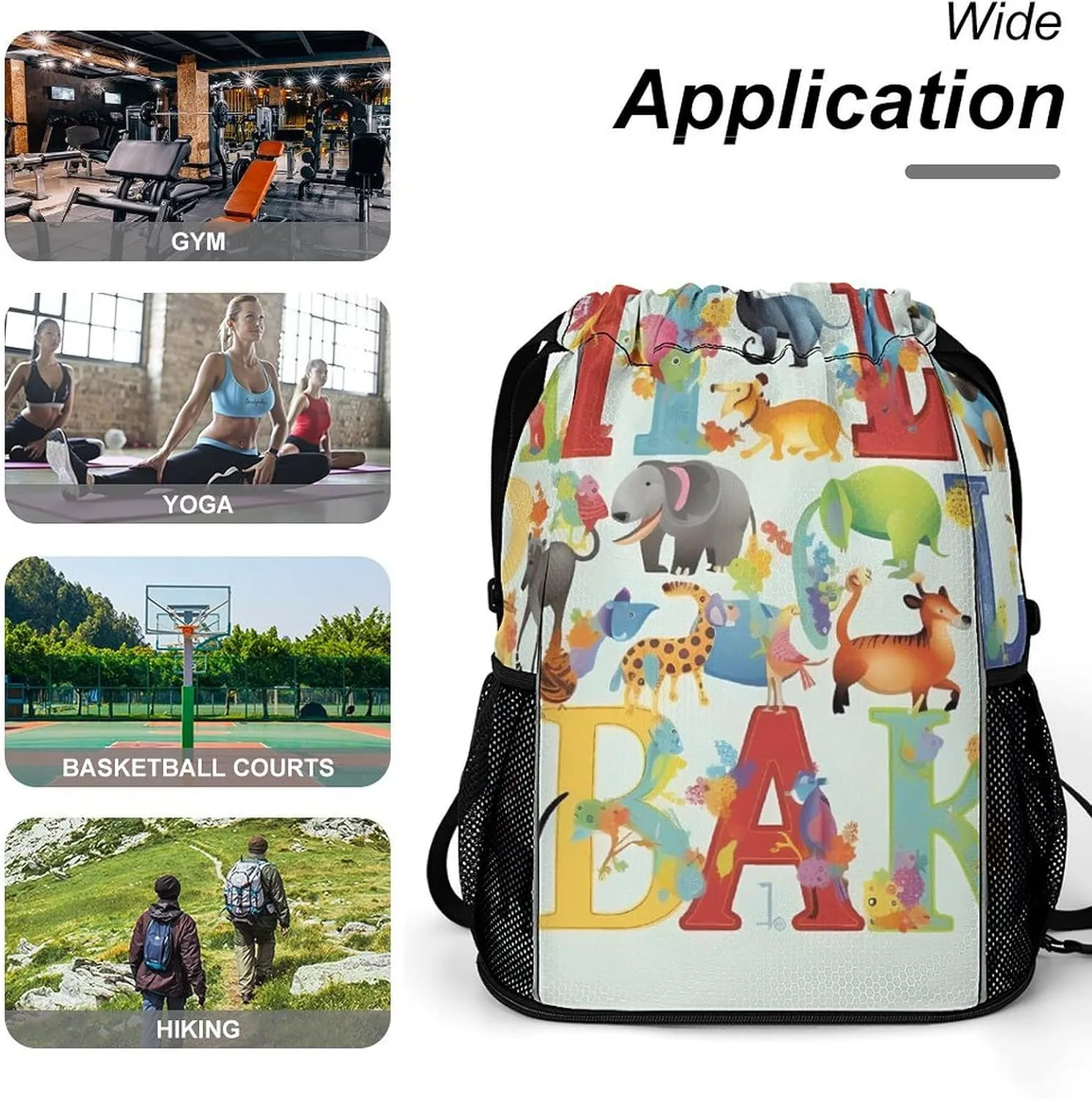 Drawstring Backpack Sports Gym Bag with Zipper Colourful Animal Alphabet Waterproof Sackpack Large String Bag for Yoga Beach