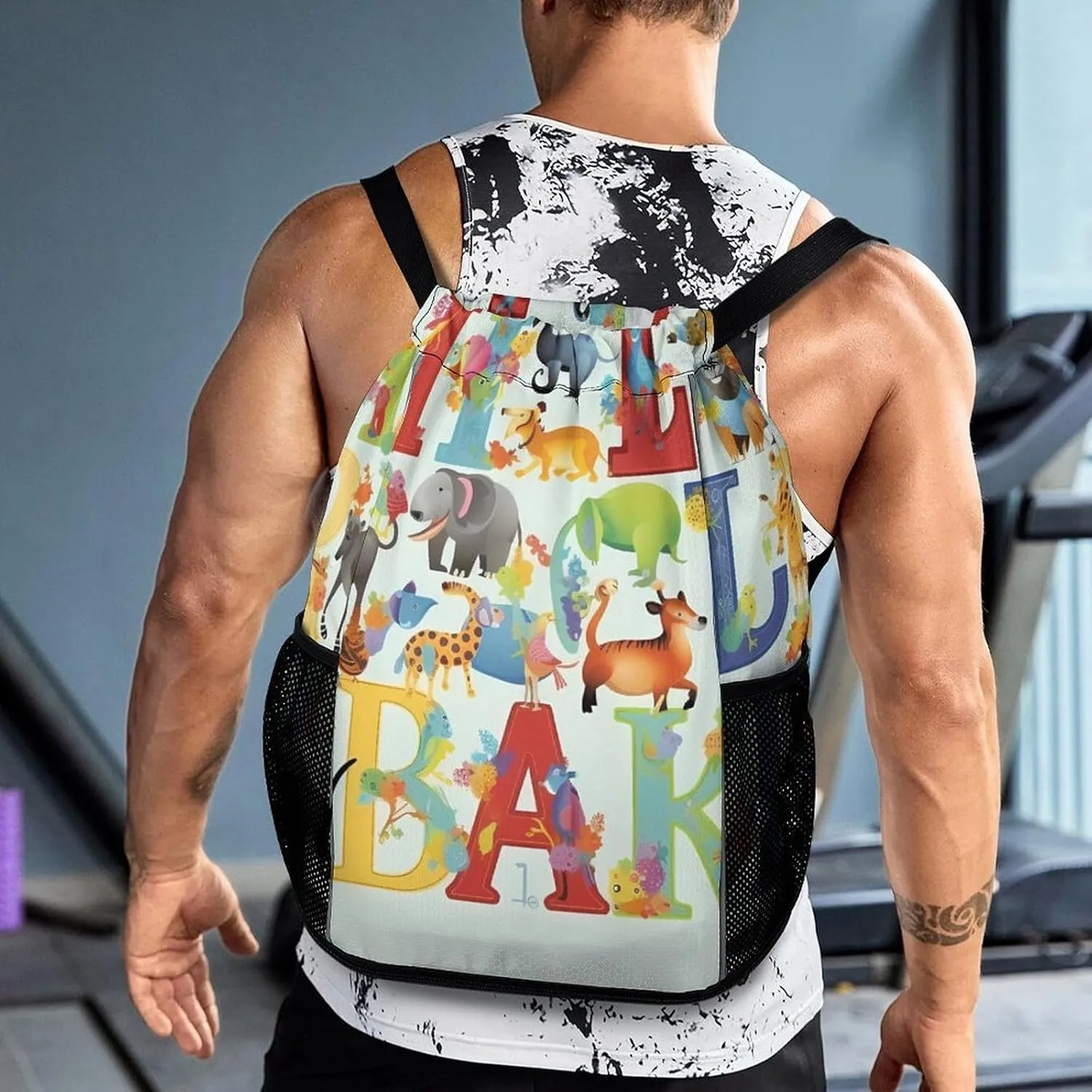 Drawstring Backpack Sports Gym Bag with Zipper Colourful Animal Alphabet Waterproof Sackpack Large String Bag for Yoga Beach
