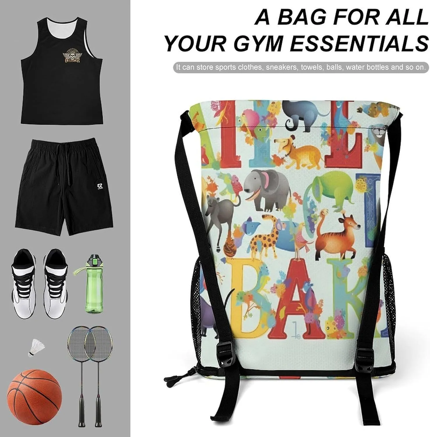 Drawstring Backpack Sports Gym Bag with Zipper Colourful Animal Alphabet Waterproof Sackpack Large String Bag for Yoga Beach