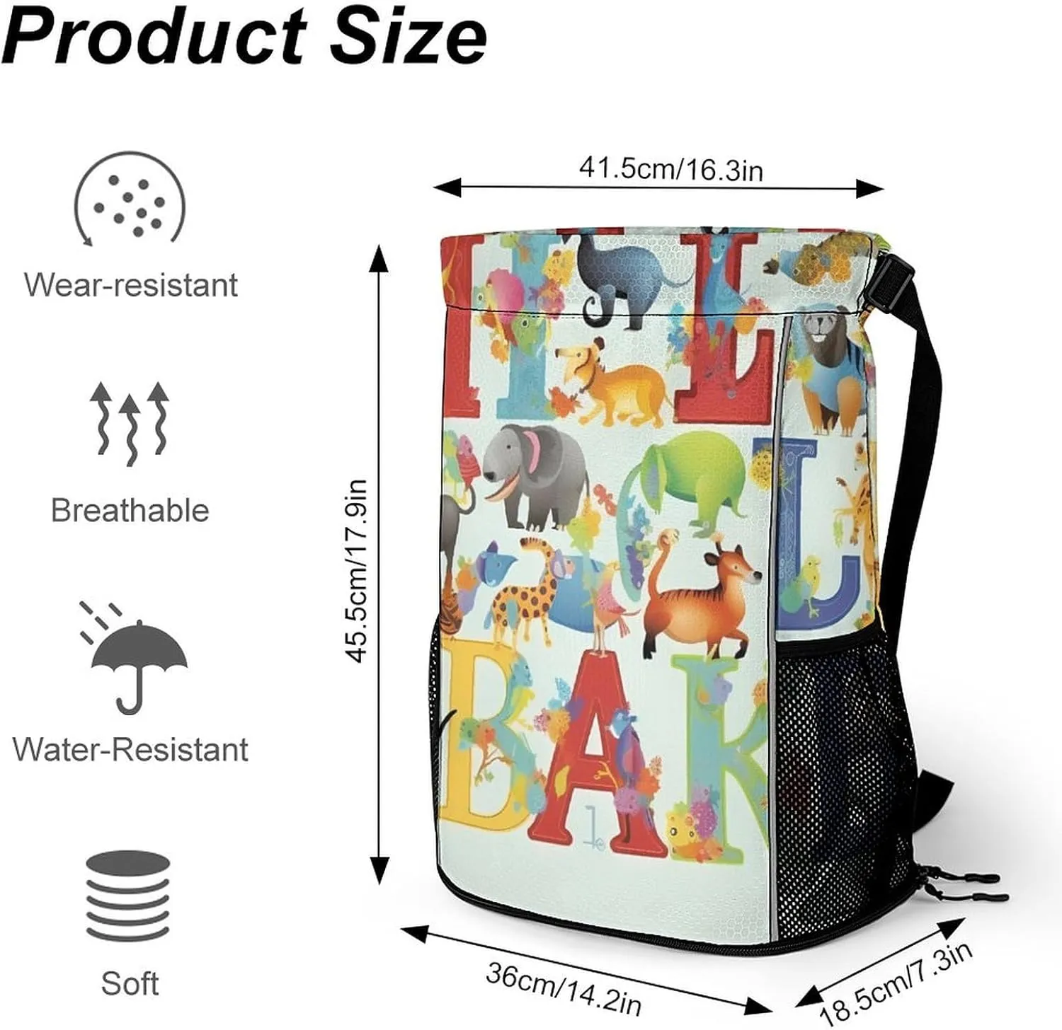 Drawstring Backpack Sports Gym Bag with Zipper Colourful Animal Alphabet Waterproof Sackpack Large String Bag for Yoga Beach