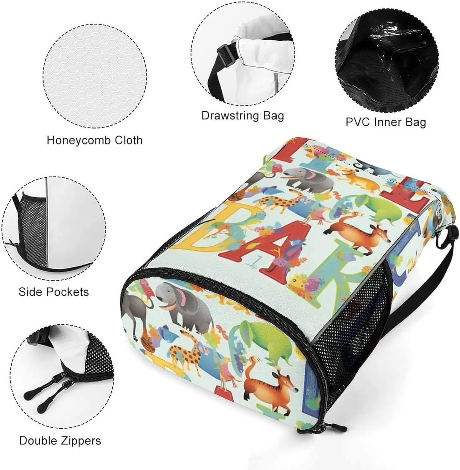 Drawstring Backpack Sports Gym Bag with Zipper Colourful Animal Alphabet Waterproof Sackpack Large String Bag for Yoga Beach