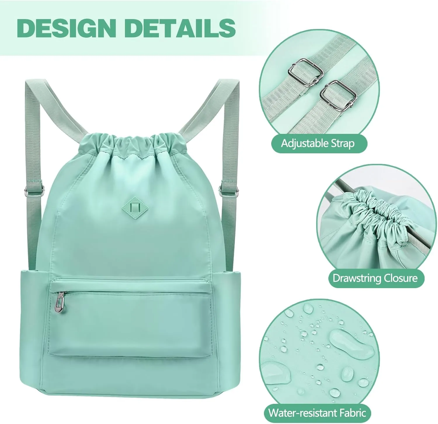 Drawstring Backpack with Wet Pocket Gym Backpack Water-Resistant Cinch String Bag Beach Swim for Women Men（Mint Green）