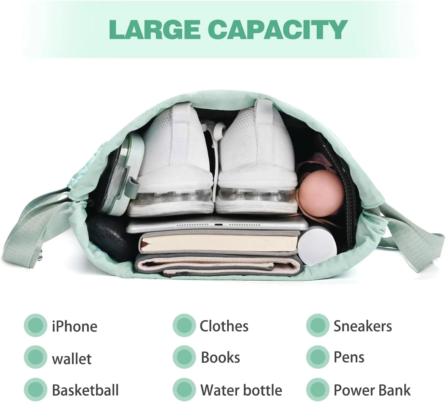 Drawstring Backpack with Wet Pocket Gym Backpack Water-Resistant Cinch String Bag Beach Swim for Women Men（Mint Green）