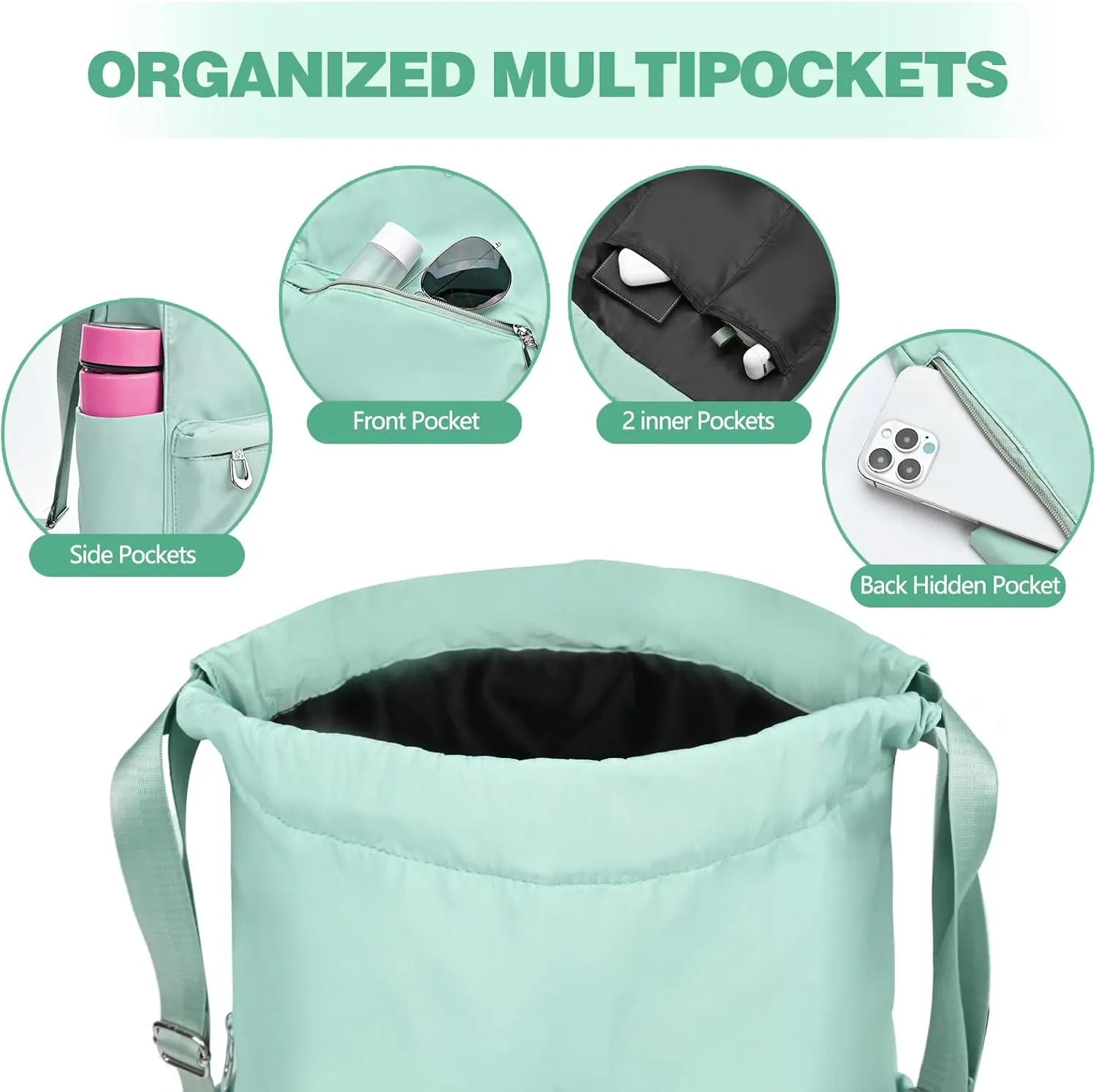 Drawstring Backpack with Wet Pocket Gym Backpack Water-Resistant Cinch String Bag Beach Swim for Women Men（Mint Green）