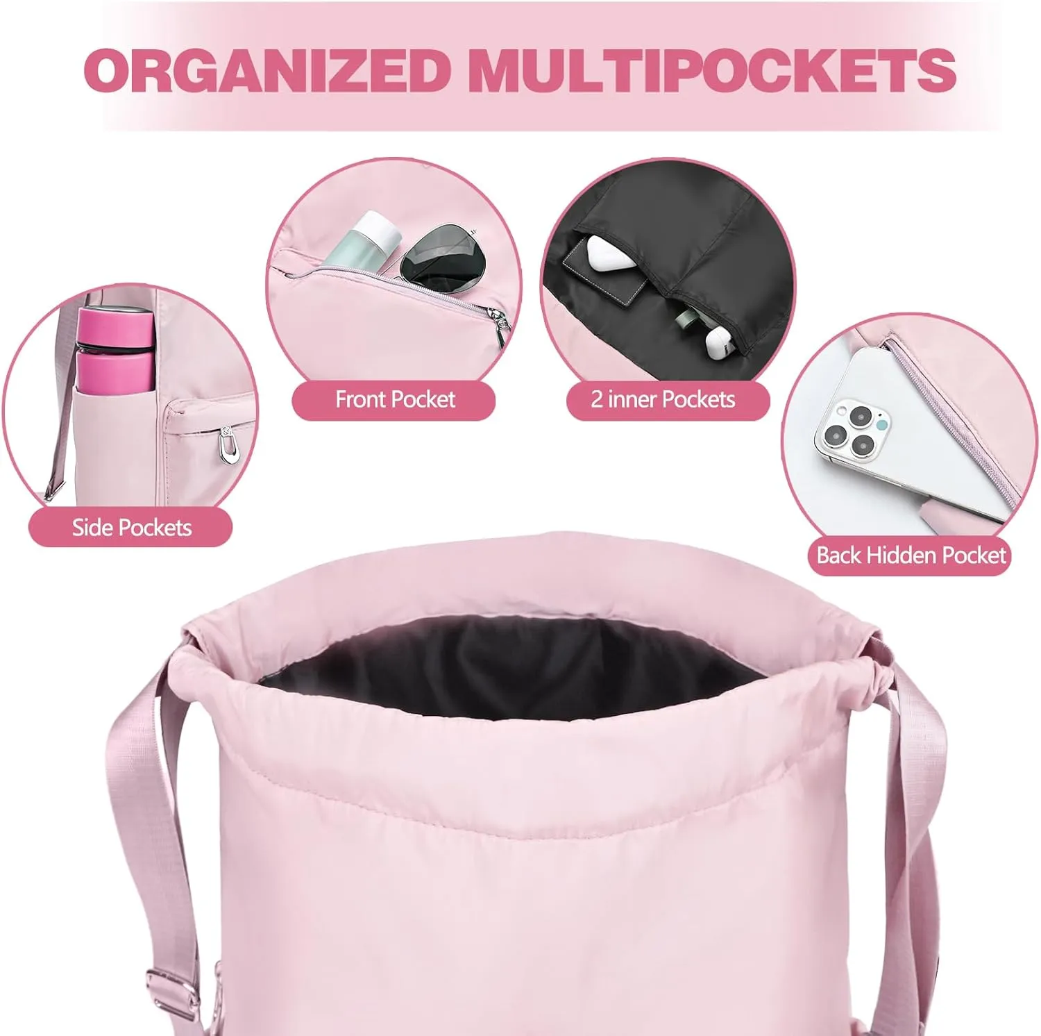 Drawstring Backpack with Wet Pocket Gym Backpack Water-Resistant Cinch String Bag Beach Swim for Women Men（Pink）