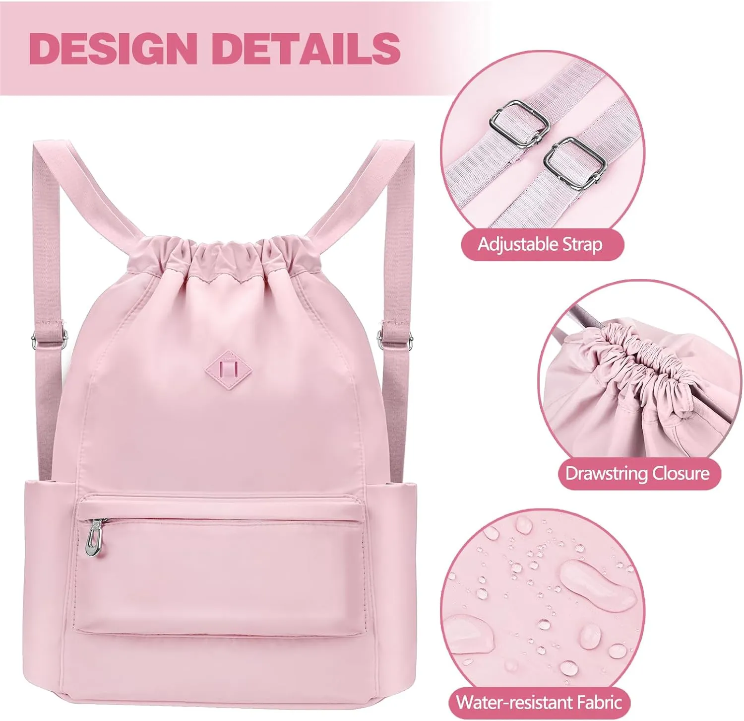 Drawstring Backpack with Wet Pocket Gym Backpack Water-Resistant Cinch String Bag Beach Swim for Women Men（Pink）