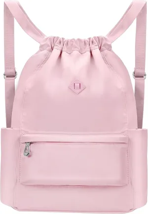Drawstring Backpack with Wet Pocket Gym Backpack Water-Resistant Cinch String Bag Beach Swim for Women Men（Pink）