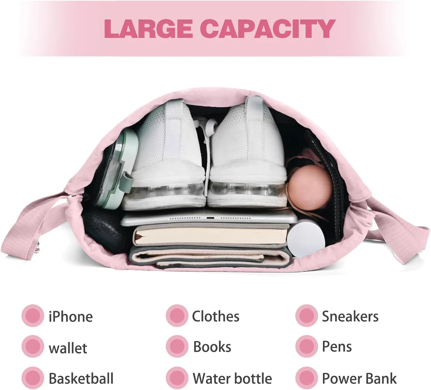 Drawstring Backpack with Wet Pocket Gym Backpack Water-Resistant Cinch String Bag Beach Swim for Women Men（Pink）