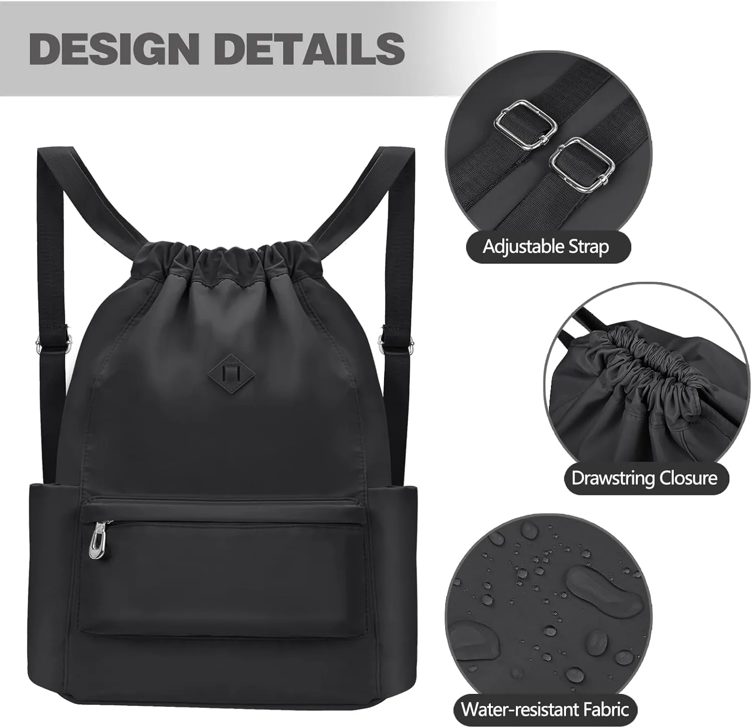 Drawstring Backpack with Wet Pocket Gym Backpack Water-Resistant Cinch String Bag Beach Swim for Women Men（Pure Black）